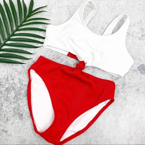 Gabifresh x Swimsuits For All Ribbed Monokini White Red 10D/DD NWT - Picture 2 of 14